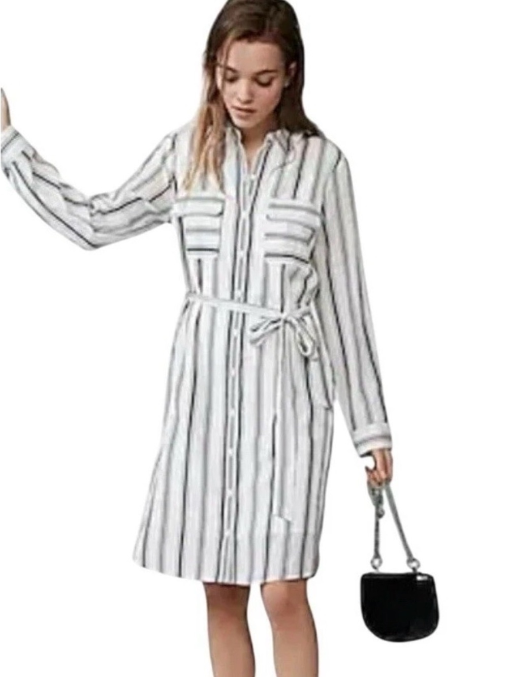 Express White Dress with Black Vertical Stripes and Waist Tie
